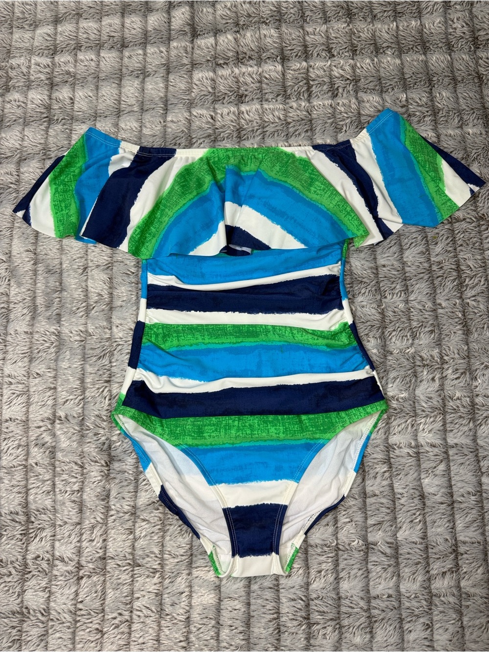 Lauren Ralph Lauren Blue, Green & White Off-Shoulder One-Piece Swimsuit